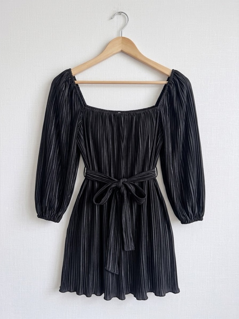 LPA Jackie Pleated Square-Neck Mini Dress Black Long Elastic Sleeve Tie-Waist